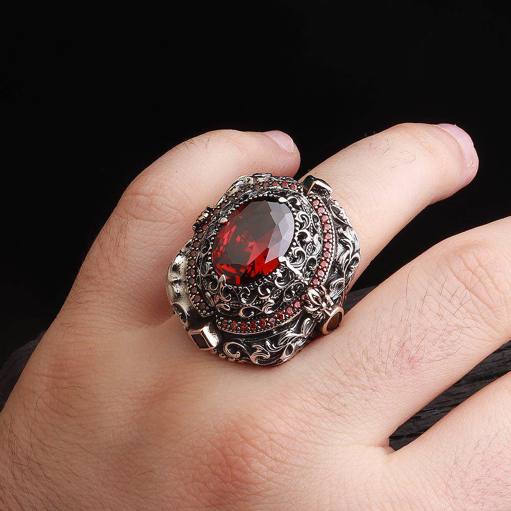 İslam Usta Saltanat Serisi Kırmızı Zirkon Taşlı 925 Ayar Gümüş Yüzük