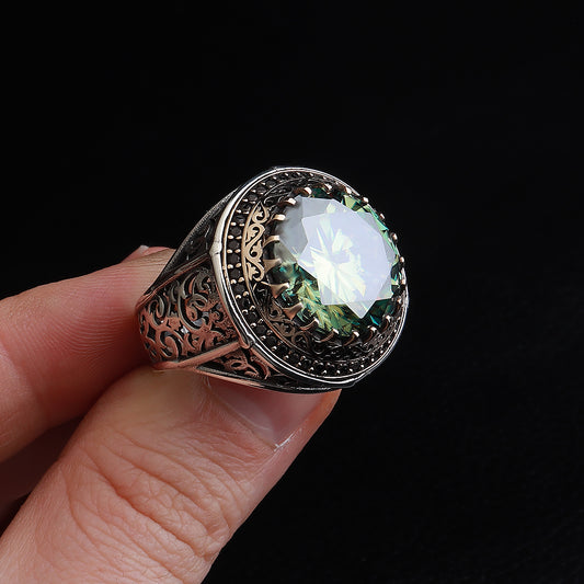 Telkari İşlemeli Orijinal Mozanit Taşlı 925 Ayar Gümüş Yüzük