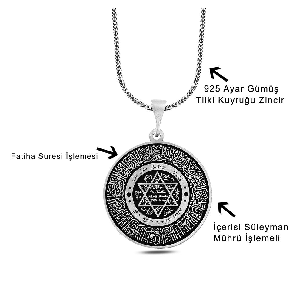 Mührü Süleyman Fatiha Suresi İşlemeli Gümüş Kolye