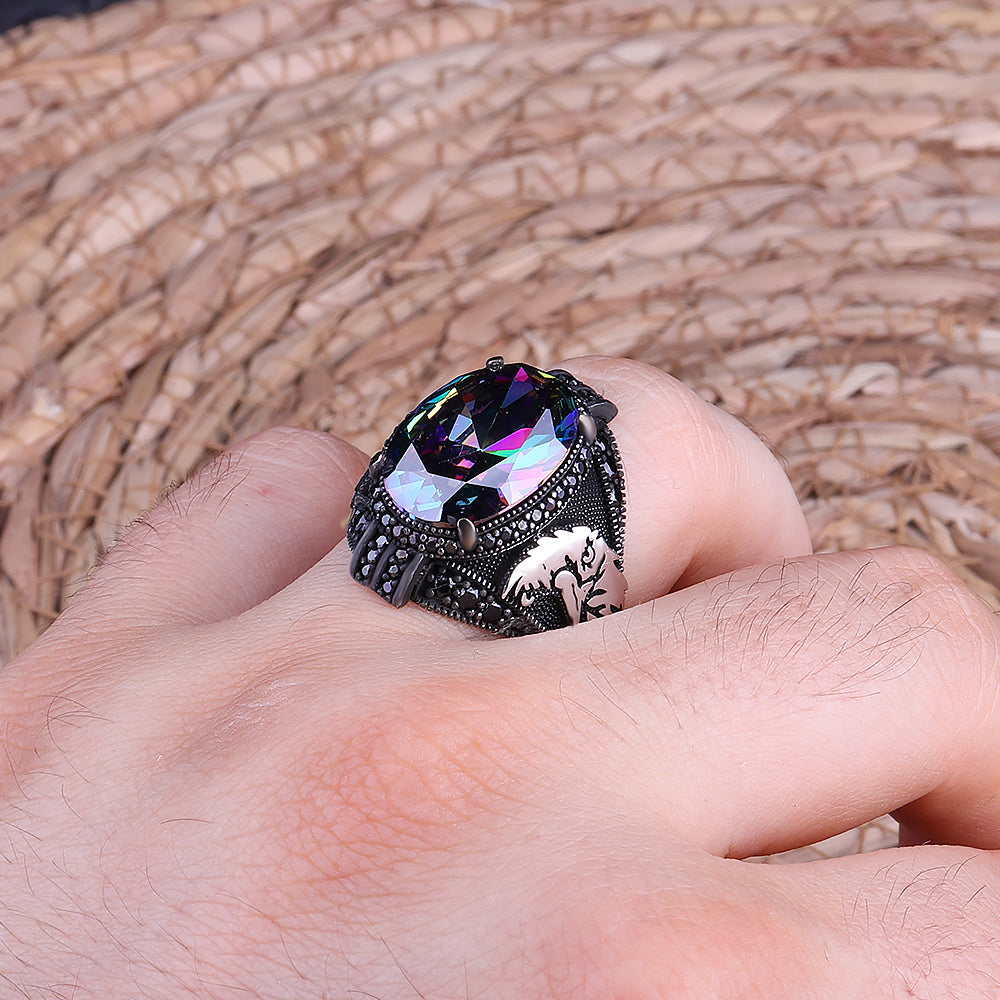 Kartal Motifli Mistik Topaz Taşlı 925 Ayar Gümüş Yüzük