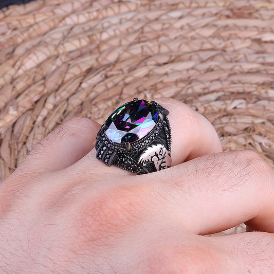 Kartal Motifli Mistik Topaz Taşlı 925 Ayar Gümüş Yüzük