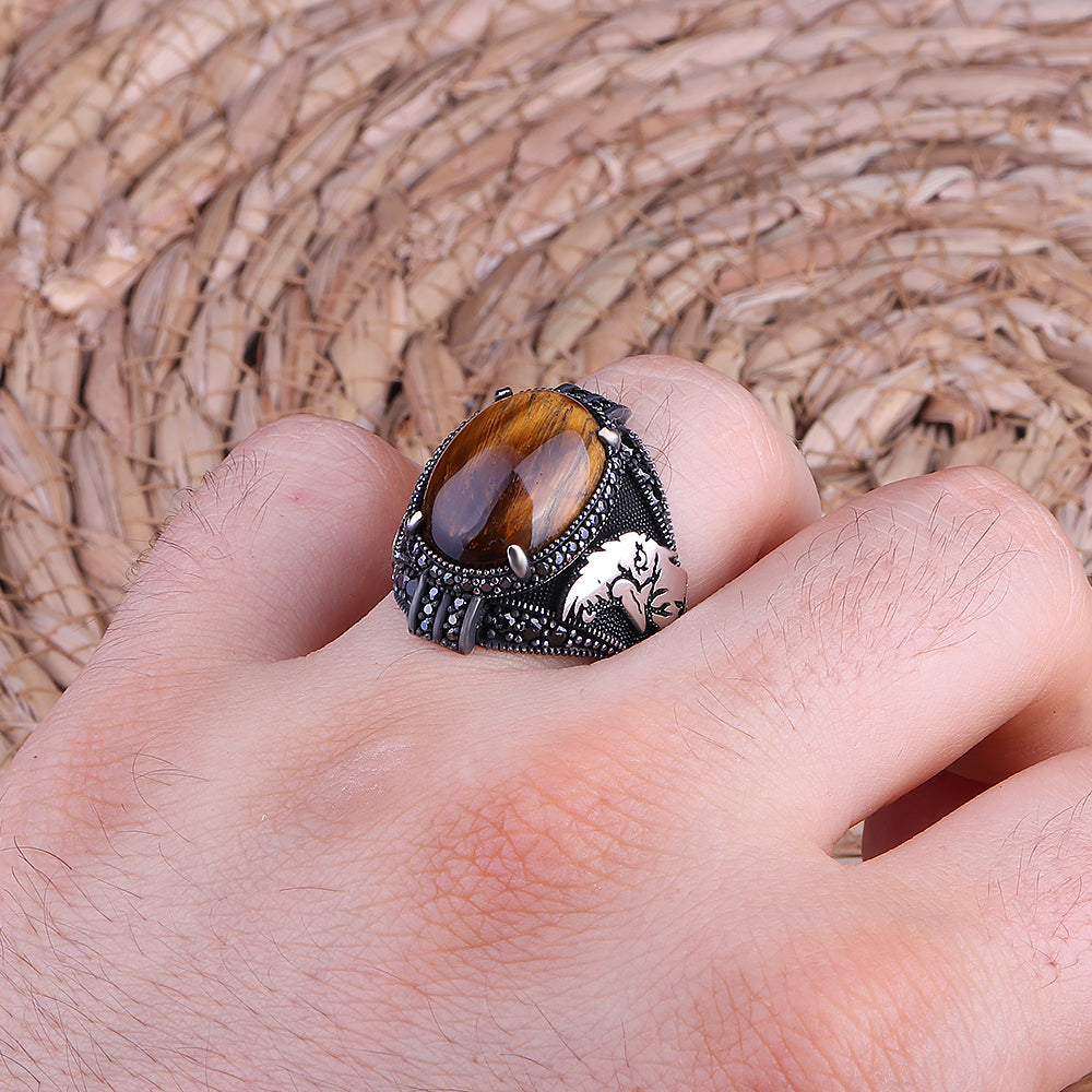 Kartal Motifli Kaplan Gözü Taşlı 925 Ayar Gümüş Yüzük