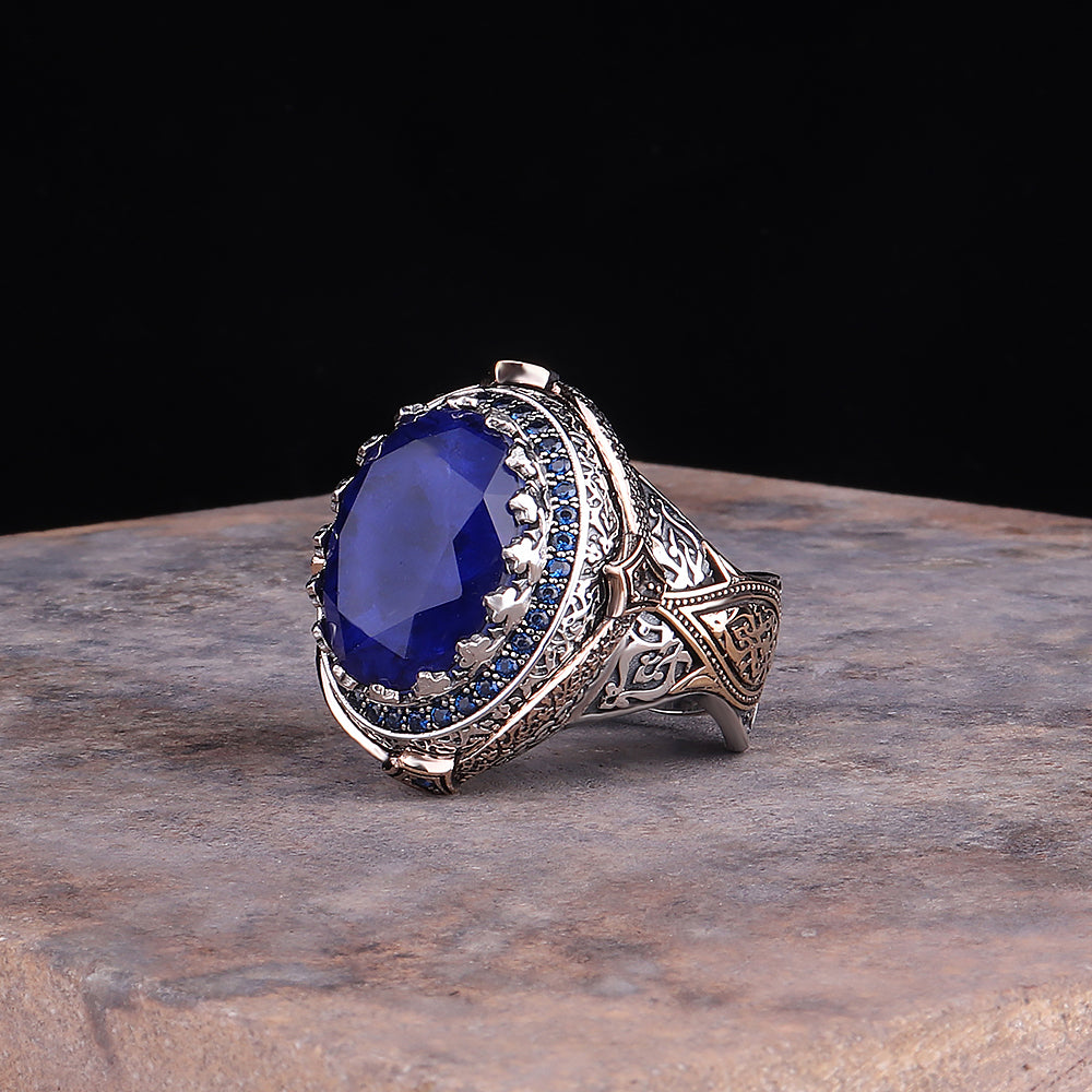 Sultan Serisi Lacivert Paraiba Taşlı 925 Ayar Gümüş Yüzük