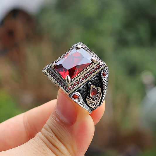 Kırmızı Zirkon Taşlı 925 Ayar Gümüş Erkek Yüzüğü