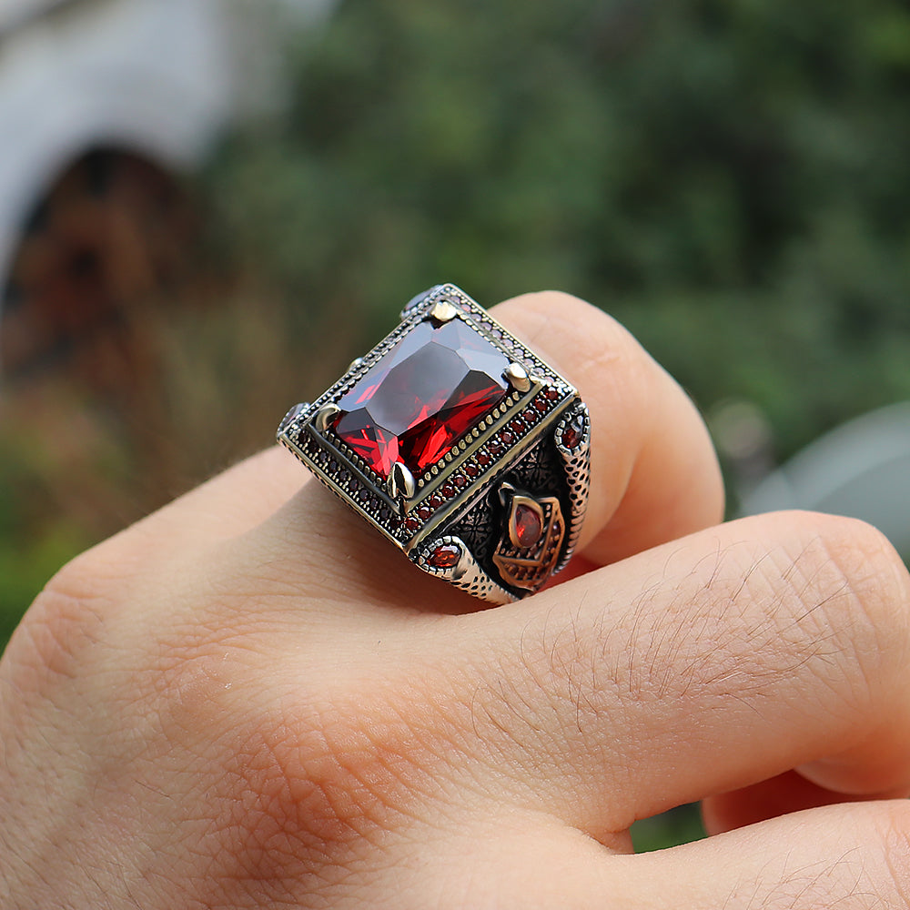 Kırmızı Zirkon Taşlı 925 Ayar Gümüş Erkek Yüzüğü