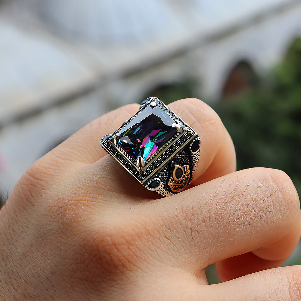 Mistik Topaz Taşlı 925 Ayar Gümüş Erkek Yüzüğü