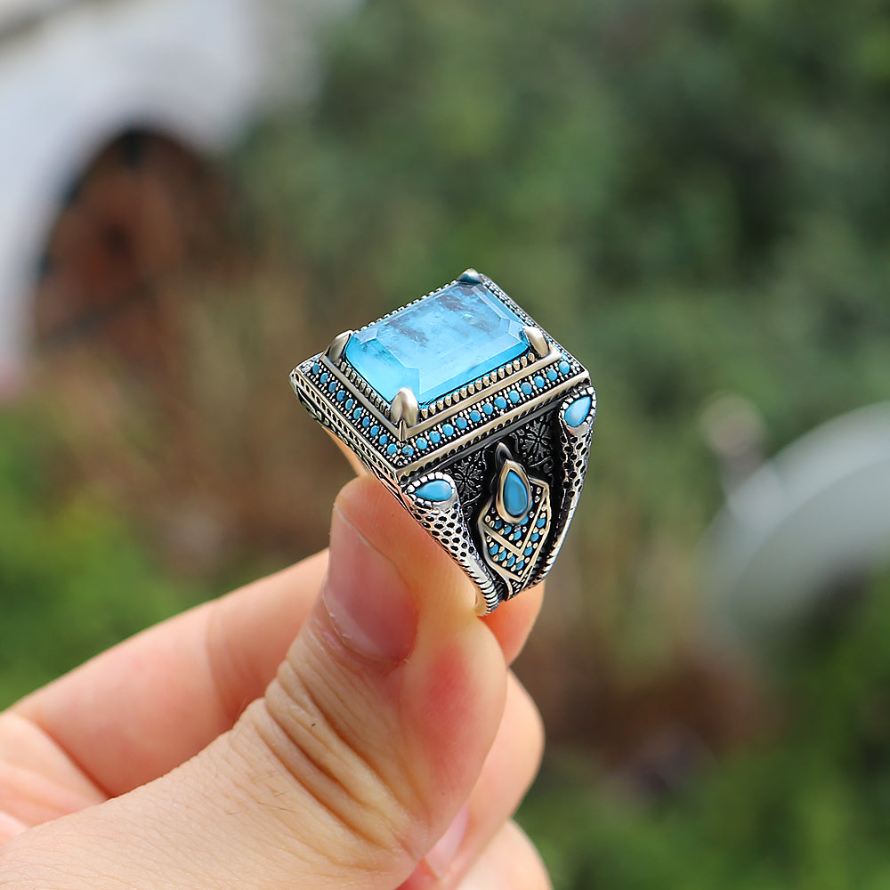 Paraiba Taşlı 925 Ayar Gümüş Erkek Yüzüğü