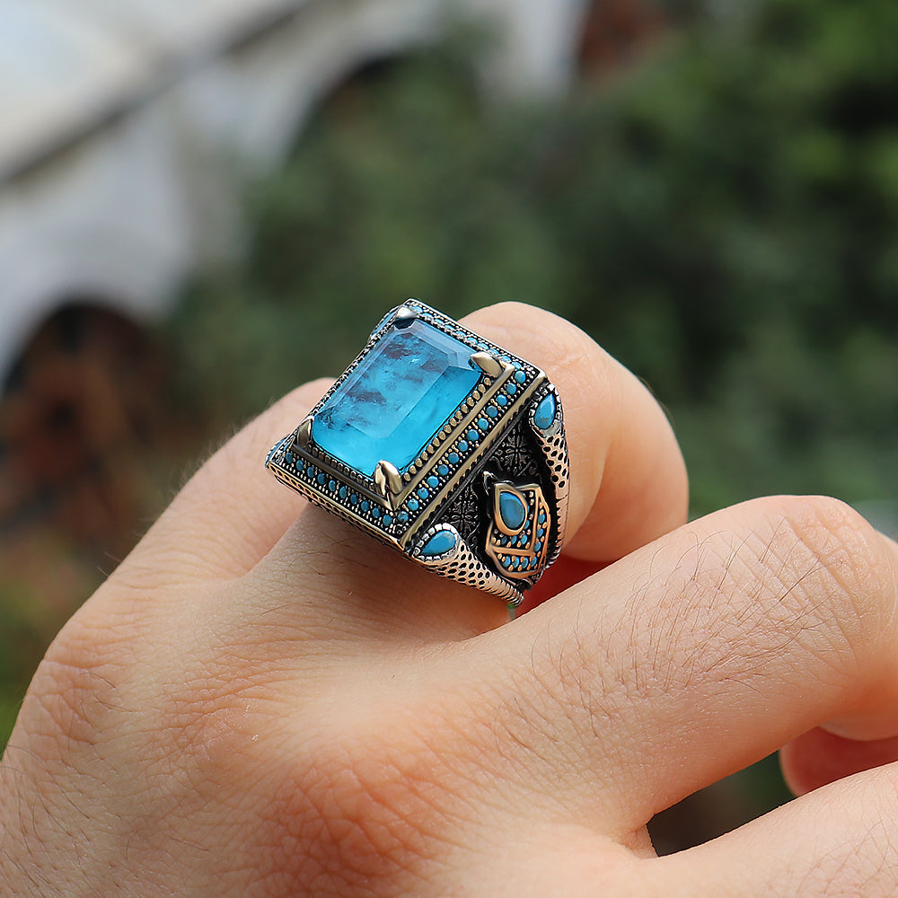 Paraiba Taşlı 925 Ayar Gümüş Erkek Yüzüğü