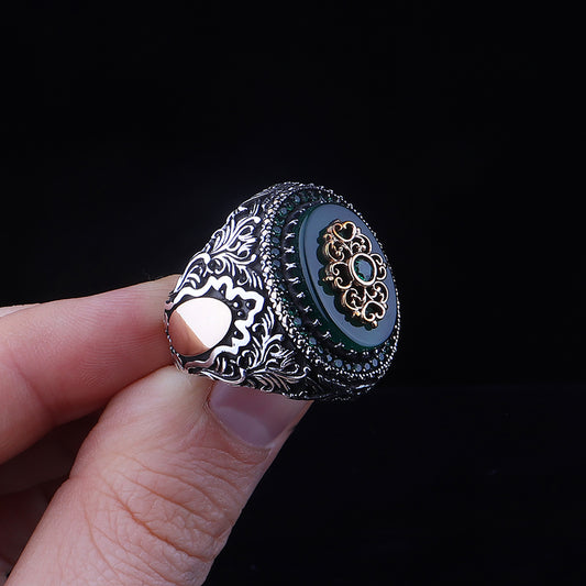 Yeşil Akik Taşlı 925 Ayar Gümüş Erkek Yüzük