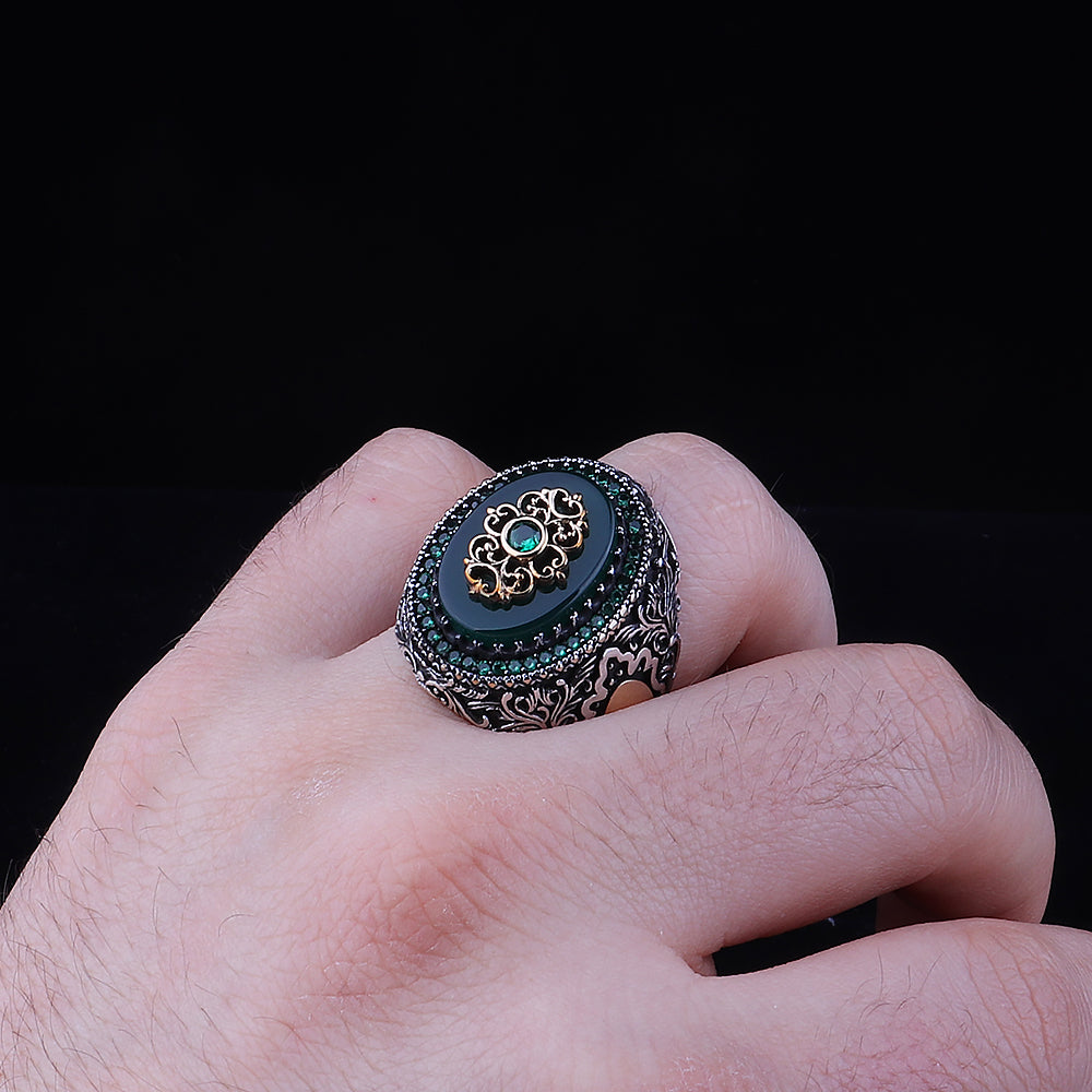 Yeşil Akik Taşlı 925 Ayar Gümüş Erkek Yüzük