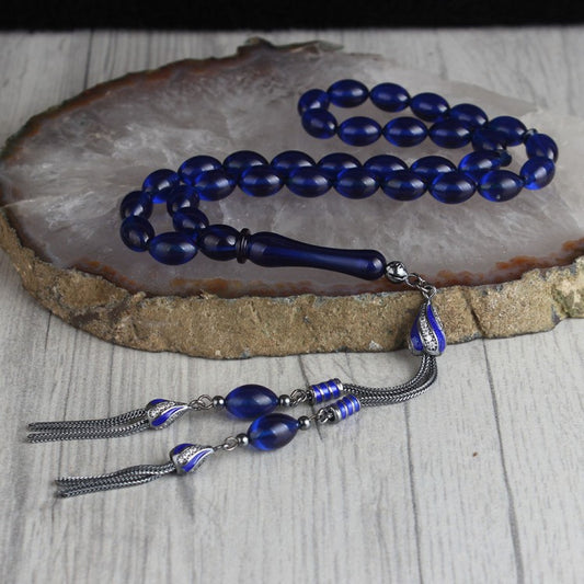 925 Ayar Gümüş Püsküllü Mavi Kehribar Tesbih