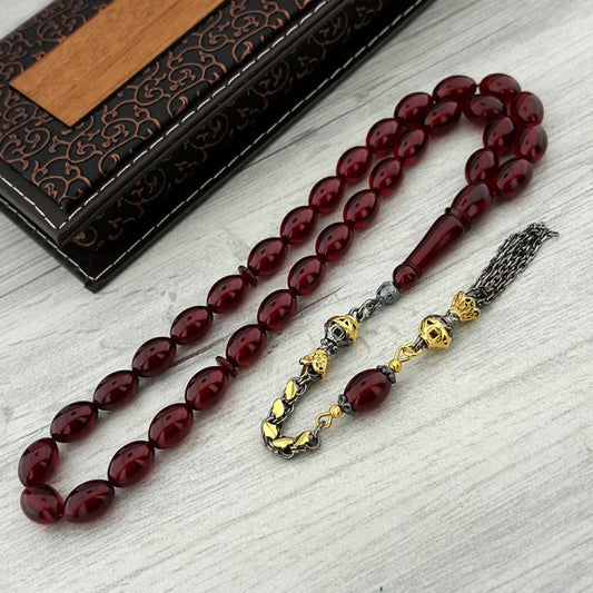 Gümüş Pullu Püsküllü Arpa Kesim Kehribar Tesbih