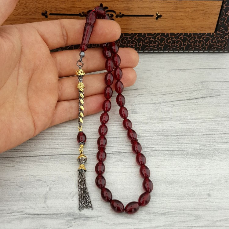 Gümüş Pullu Püsküllü Arpa Kesim Kehribar Tesbih