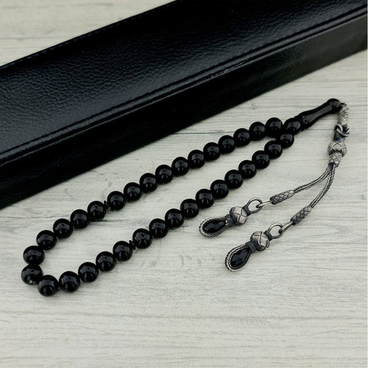 Kazaz Gümüş Püsküllü Siyah Ateş Kehribar Tesbih