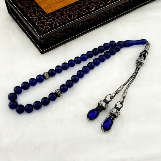 Kazaz Gümüş Püsküllü Mavi Ateş Kehribar Tesbih