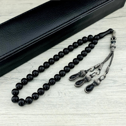 Kazaz Gümüş Püsküllü Siyah Ateş Kehribar Tesbih