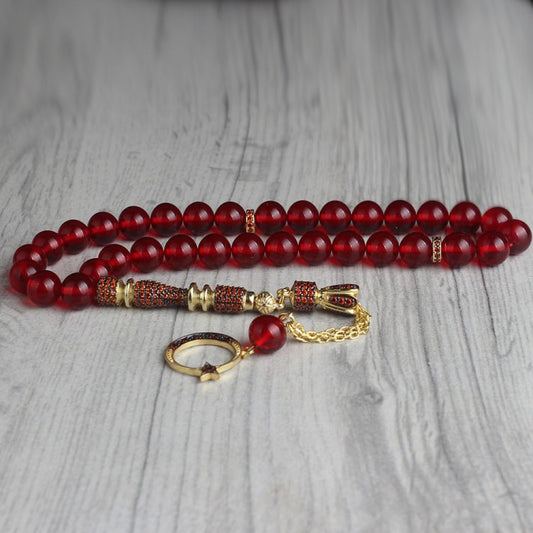 Zirkon Taşlı Altın Kaplama Püsküllü Ateş Kehribar Tesbih