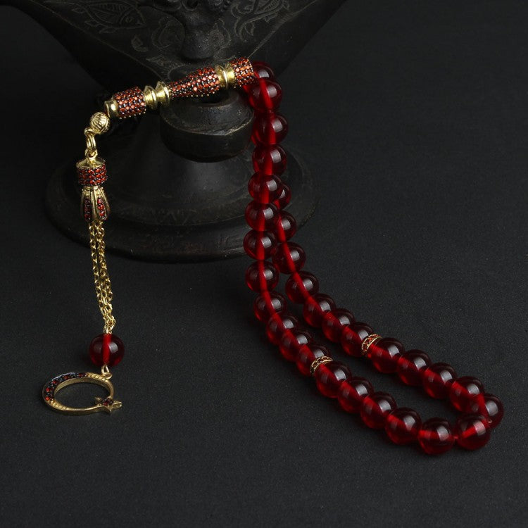 Zirkon Taşlı Altın Kaplama Püsküllü Ateş Kehribar Tesbih