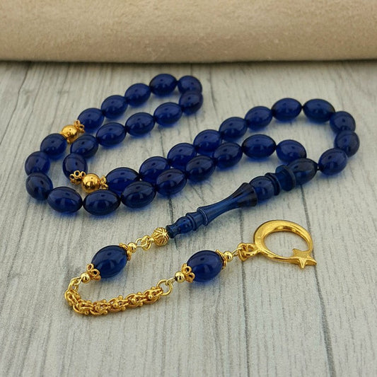 Altın Kaplama Gümüş Püsküllü Parlament Mavisi Ateş Kehribar Tesbih