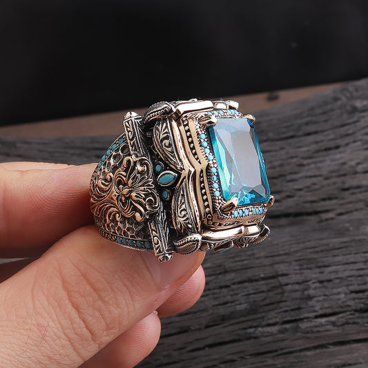 Fetih Serisi Aqua Taşlı 925 Ayar Gümüş Yüzük