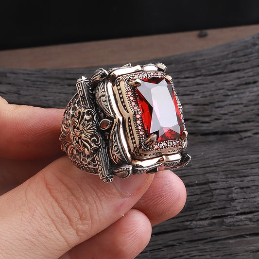 Fetih Serisi Kırmızı Zirkon Taşlı 925 Ayar Gümüş Yüzük