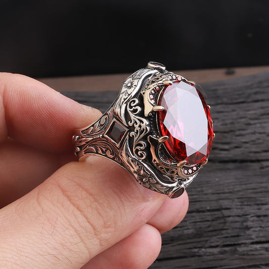 Kalem İşleme İslam Usta Serisi Kırmızı Zirkon Taşlı 925 Ayar Gümüş Yüzük