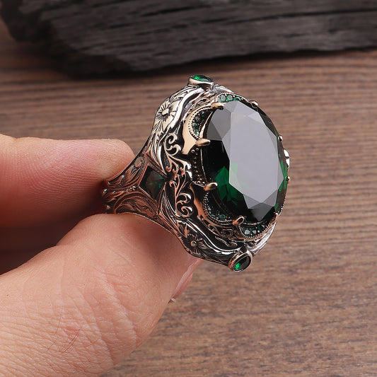 Kalem İşleme İslam Usta Serisi Yeşil Zirkon Taşlı 925 Ayar Gümüş Yüzük