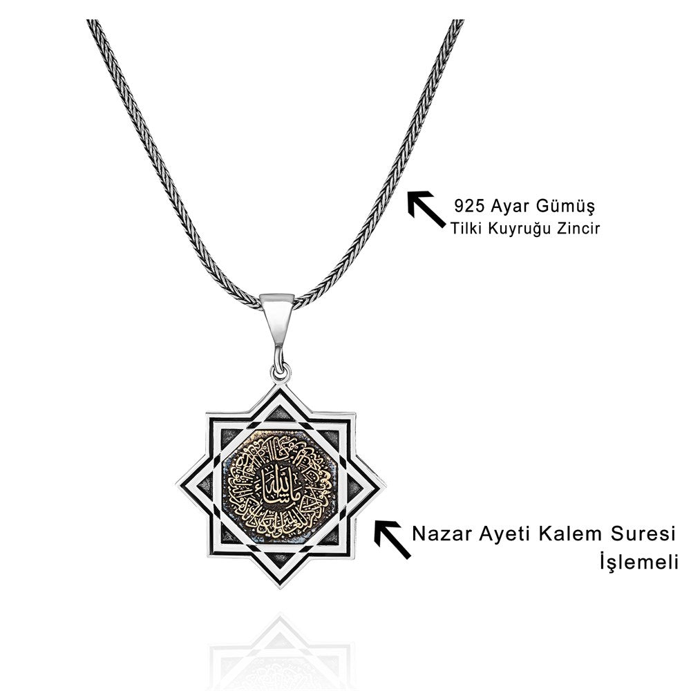 Nazar Ayeti Kalem Suresi İşlemeli Gümüş Kolye