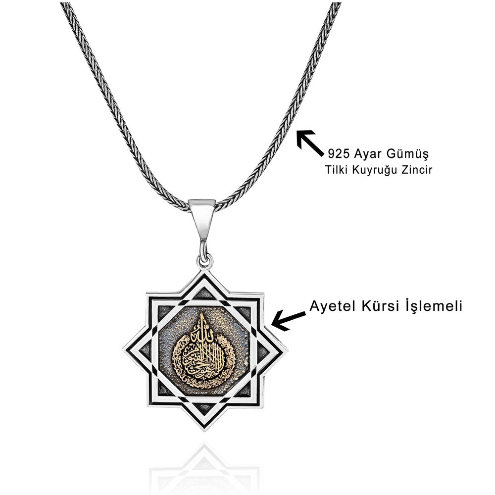 Selçuklu Yıldızı İçerisi Ayetel Kürsi İşlemeli Gümüş Kolye