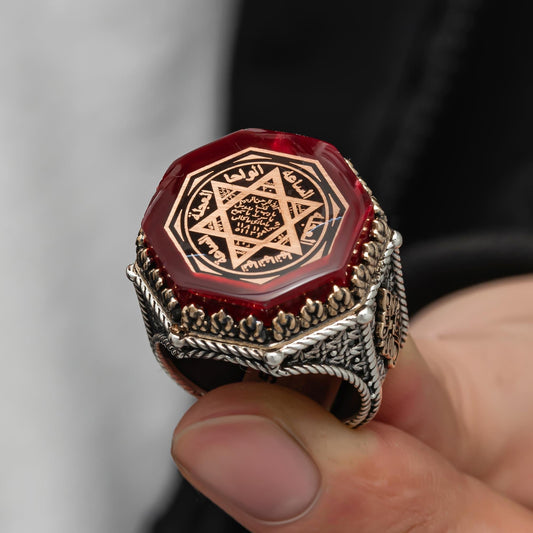 Süleyman Mührü İşlemeli Kehribar Taşlı Gümüş Yüzük