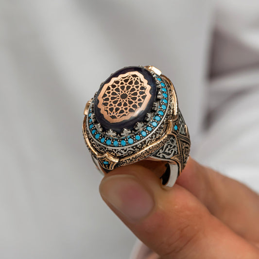 Sultan Serisi Osmanlı Motifi Kehribar Taşlı Gümüş Yüzük