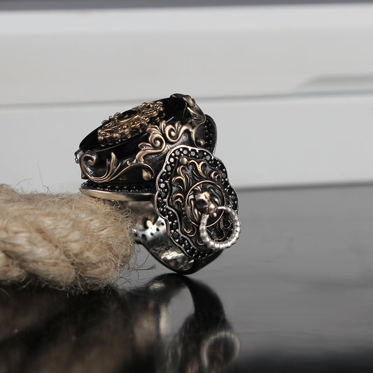 Aslan Simgeli Oniks Taşlı 925 Ayar Gümüş Erkek Yüzük