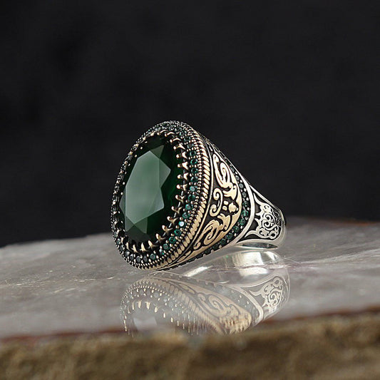 Yeşil Zirkon Taşlı 925 Ayar Gümüş Erkek Yüzük