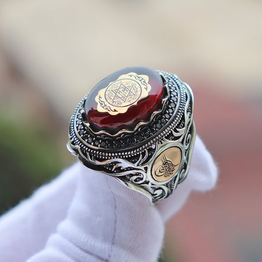 Mührü Süleyman Kırmızı Kehribar Taşlı 925 Ayar Gümüş Yüzük