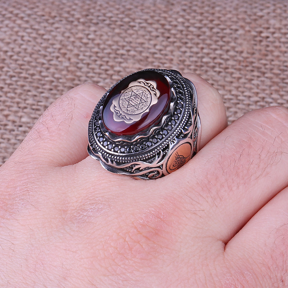 Mührü Süleyman Kırmızı Kehribar Taşlı 925 Ayar Gümüş Yüzük