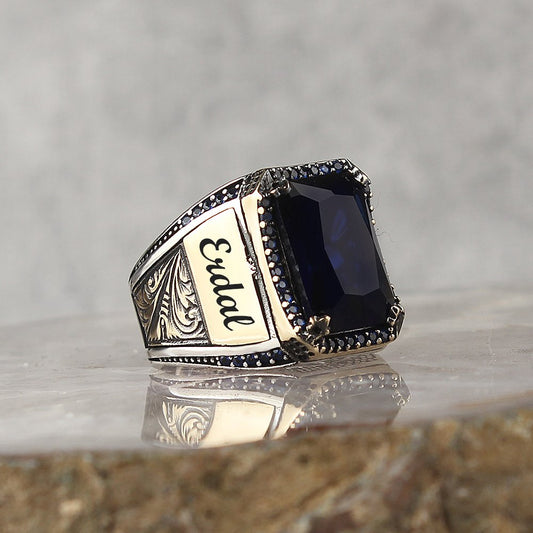 Lacivert Zirkon Taşlı 925 Ayar Gümüş Erkek Yüzük