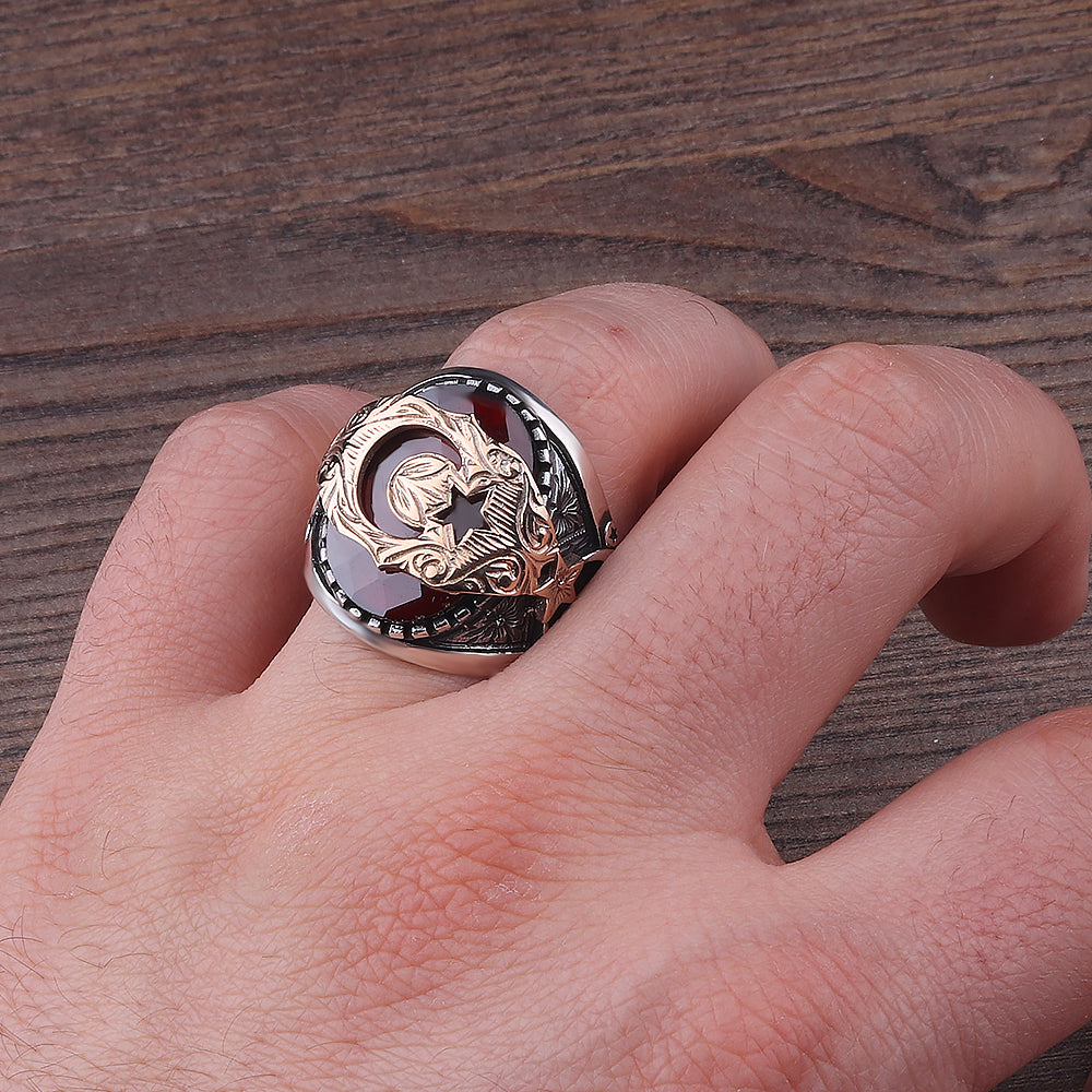 Ay Yıldız Motifli Zirkon Taşlı 925 Ayar Gümüş Yüzük