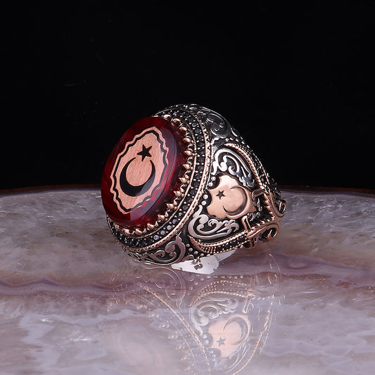 Ay Yıldızlı Kehribar Taşlı 925 Ayar Gümüş Yüzük