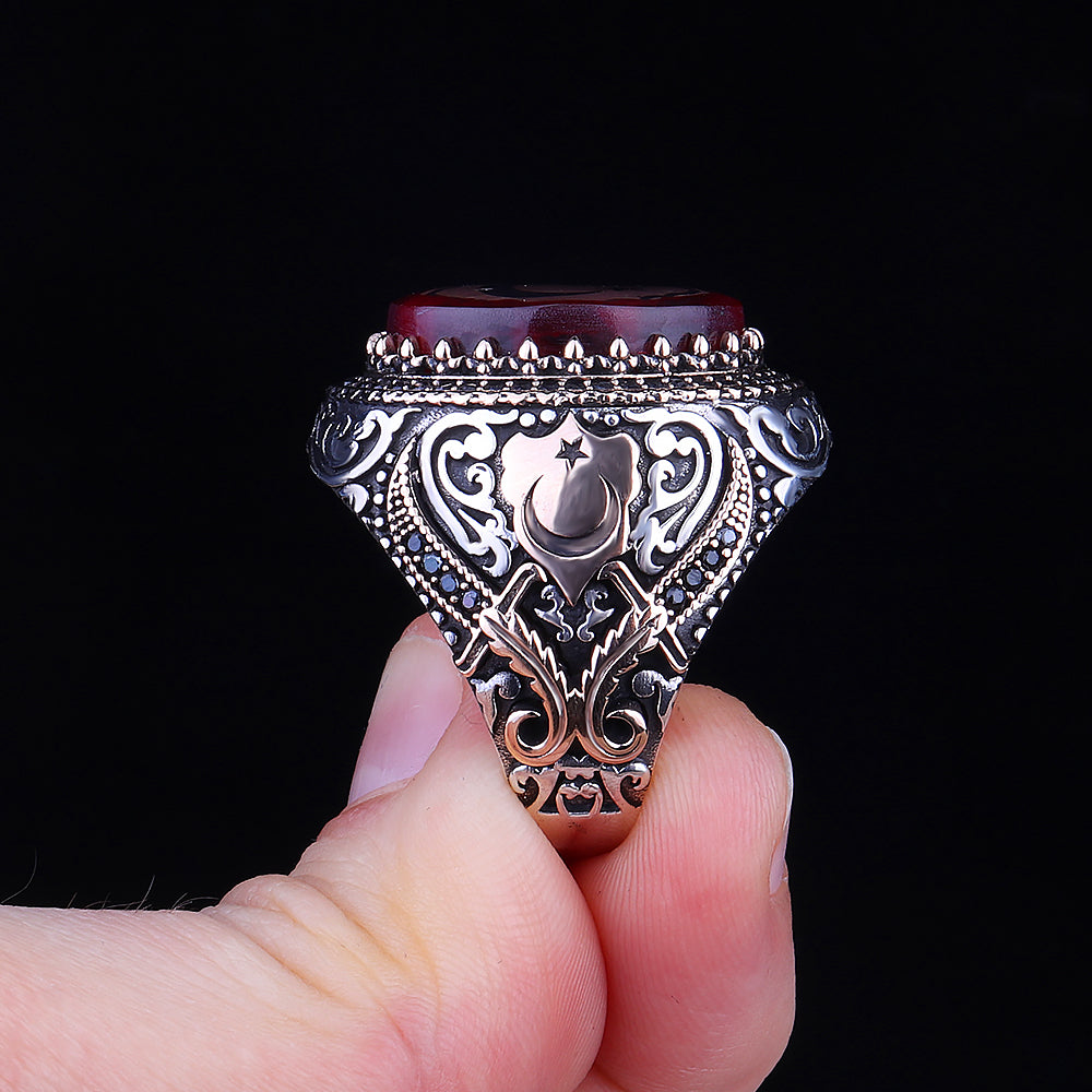 Ay Yıldızlı Kehribar Taşlı 925 Ayar Gümüş Yüzük