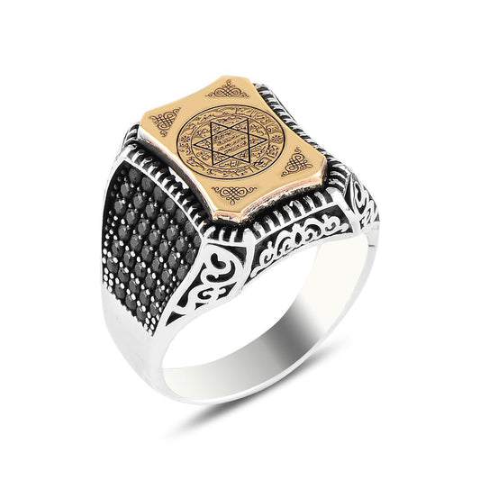 Mührü Süleyman İşlemeli Mikro Taş İşlemeli Gümüş Yüzük