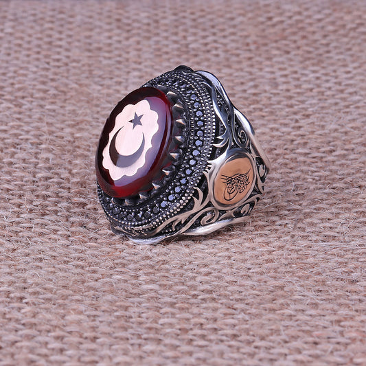 Ay Yıldızlı Kırmızı Kehribar Taşlı 925 Ayar Gümüş Yüzük