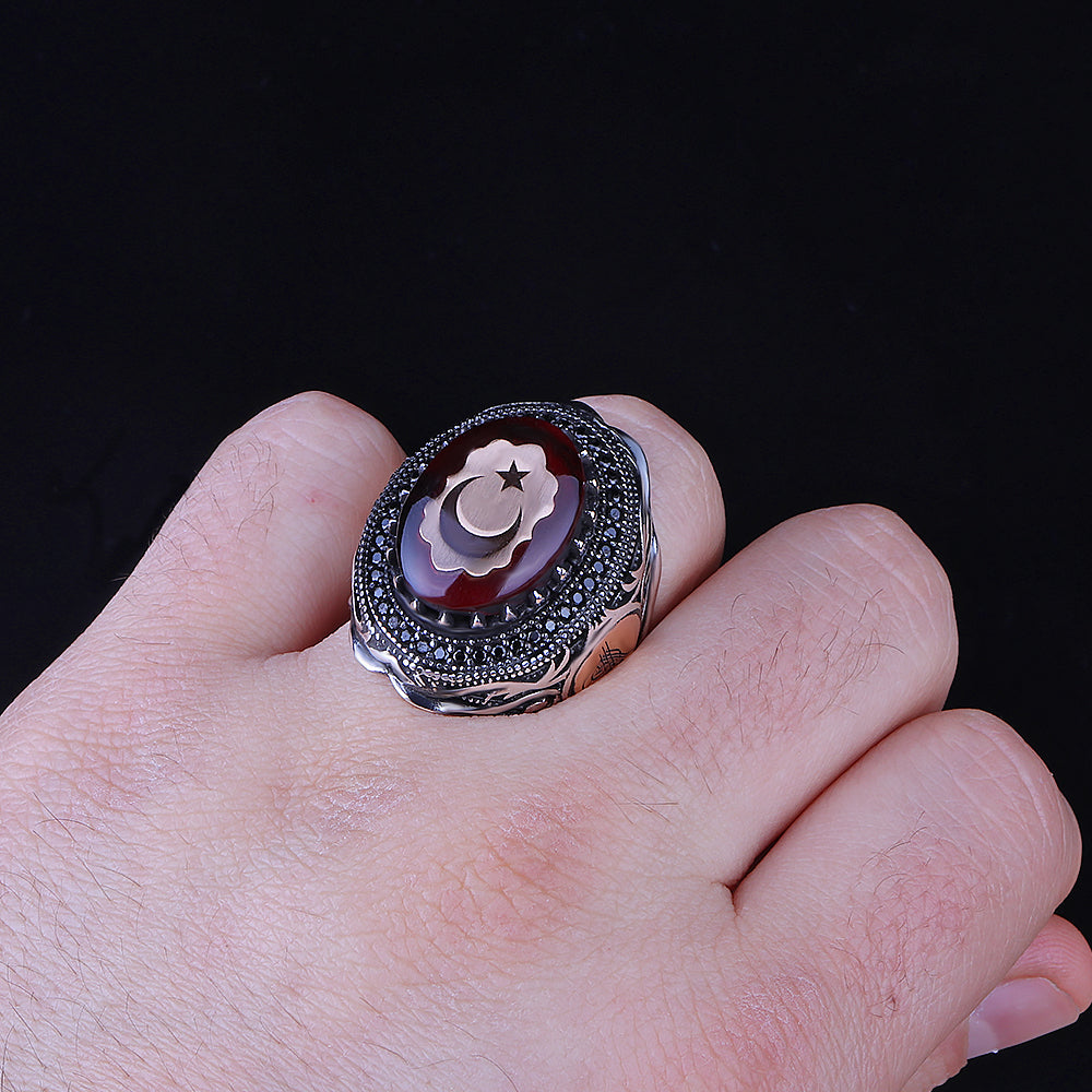 Ay Yıldızlı Kırmızı Kehribar Taşlı 925 Ayar Gümüş Yüzük