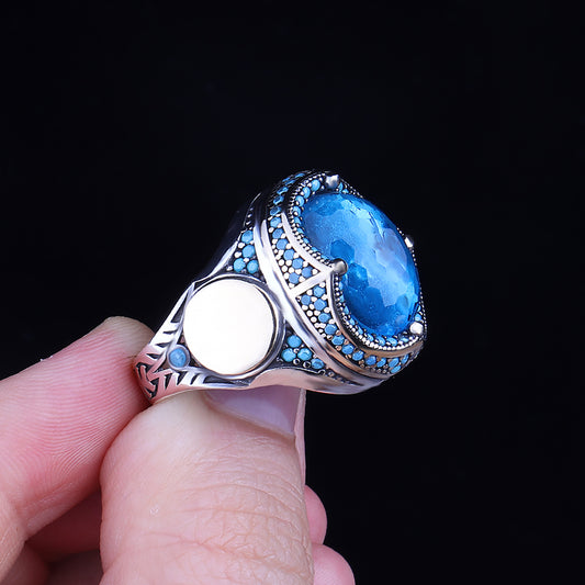 Kişiye Özel İsim Yazılı Aqua Taşlı 925 Ayar Gümüş Yüzük