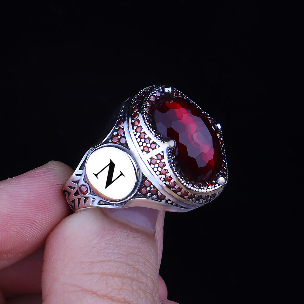 Kişiye Özel İsim Yazılı Kırmızı Zirkon Taşlı 925 Ayar Gümüş Yüzük