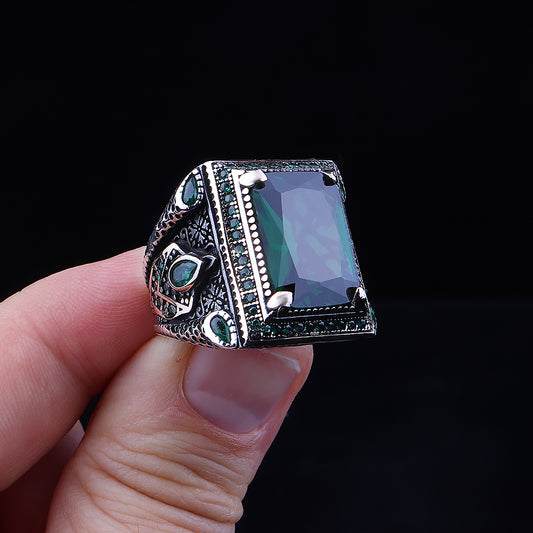 Yeşil Zirkon Taşlı 925 Ayar Gümüş Erkek Yüzüğü