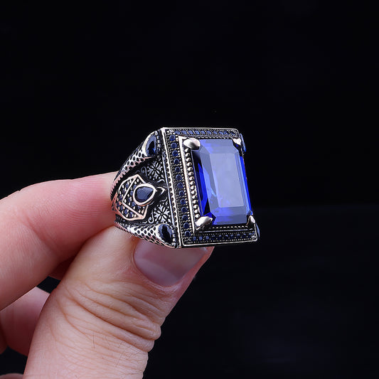 Safir Taşlı 925 Ayar Gümüş Erkek Yüzü