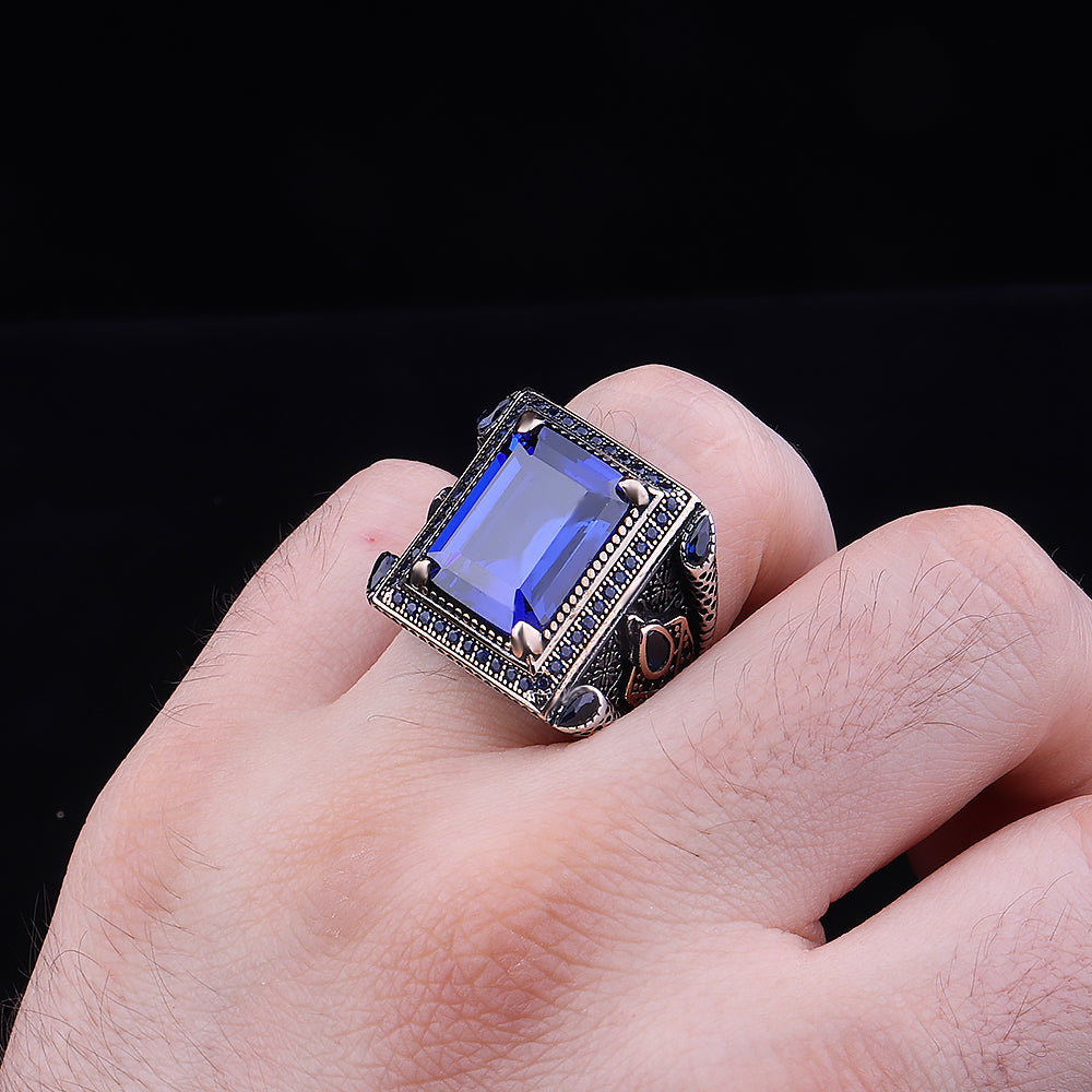 Safir Taşlı 925 Ayar Gümüş Erkek Yüzü