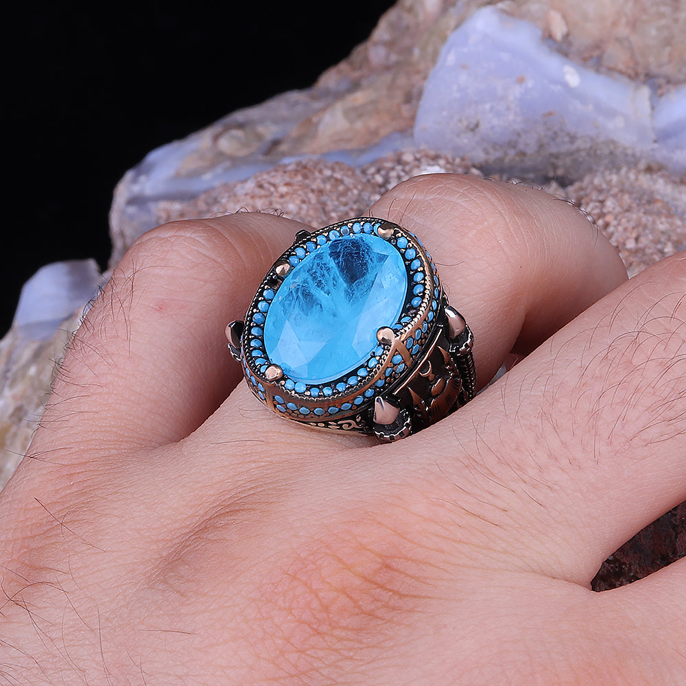 Paraiba Taşlı 925 Ayar Gümüş Erkek Yüzük