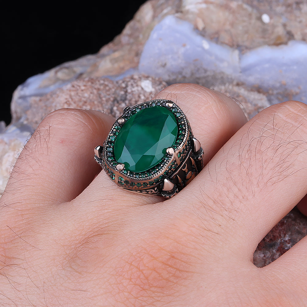 Yeşil Paraiba Taşlı 925 Ayar Gümüş Erkek Yüzük