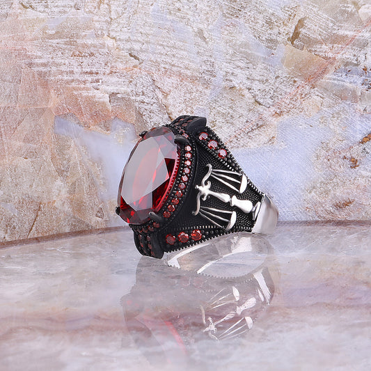 Terazi Motifli Kırmızı Zirkon Taşlı 925 Ayar Gümüş Erkek Yüzük